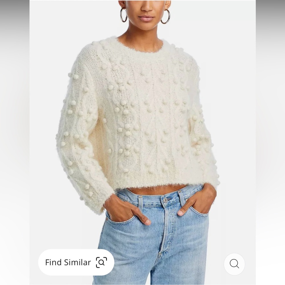 FRAME Denim Cream Pom Pom Knit Sweater Alpaca Wool Blend Crewneck NWT Size L